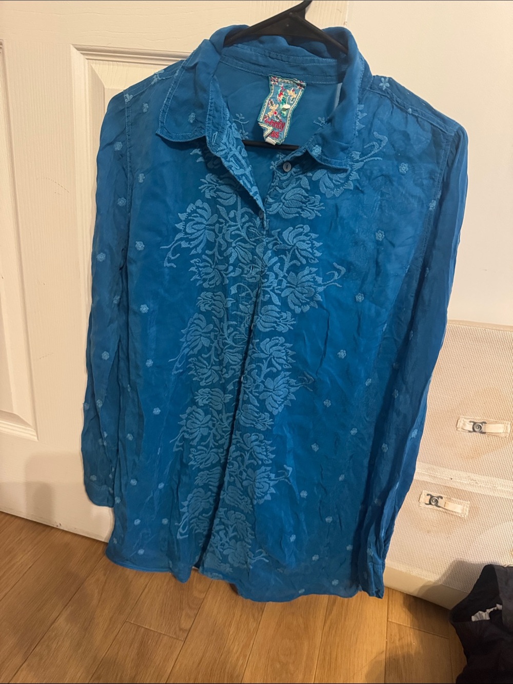 Johnny Was Teal Embroidered Button-Down Shirt tunic